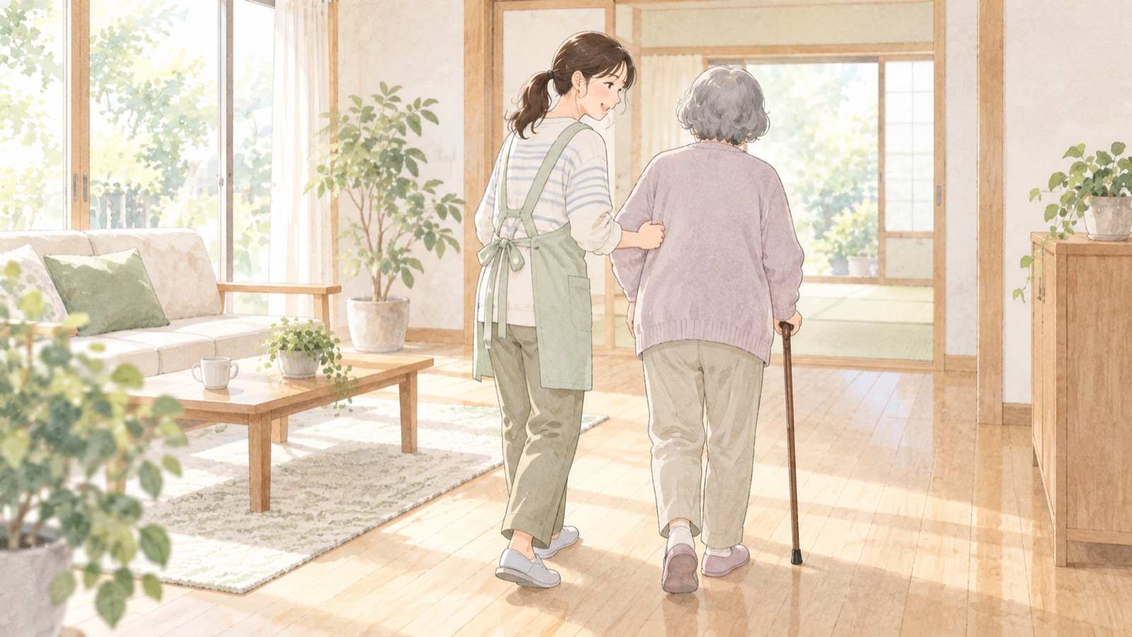 訪問先でヘルパーが歩行を支えるイメージイラスト