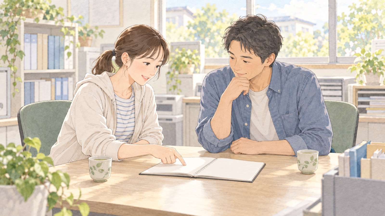 事務所でスタッフ同士が相談するイメージイラスト